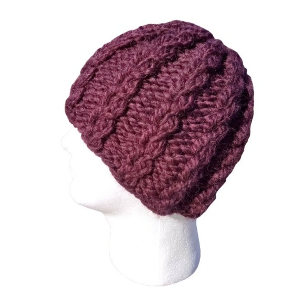 Womens Chunky Alpaca Beanie Skully Hat Handmade Knit Unisex Burgundy Men Red M/L - Picture 1 of 9